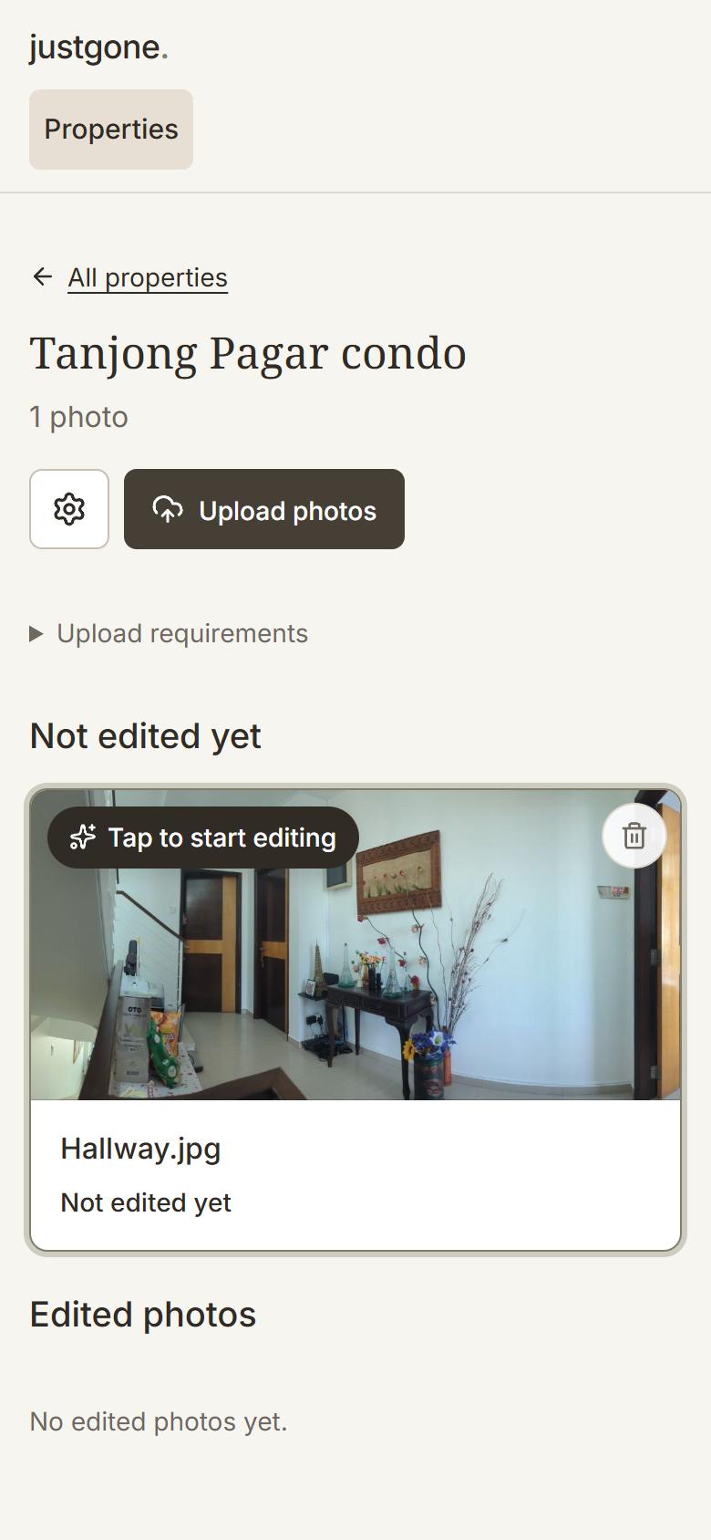 Property page with a newly uploaded hallway photo and a Tap to start editing tip