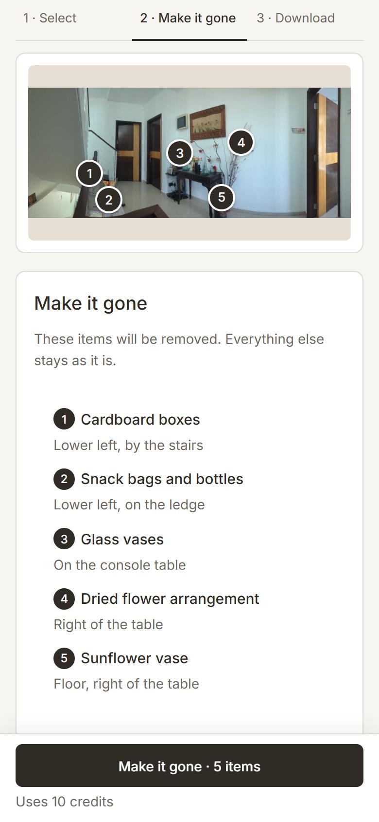 Confirmation screen listing the five items that will be removed, with a Make it gone button