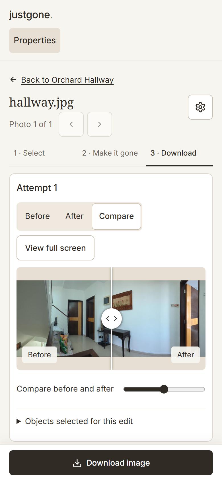 Before and after comparison of the hallway with a Download image button